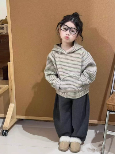 Cute Little Girl Bear Ears Sweat Suit Set Autumn Korean Style Girls' Children Fashion Striped Top Comfort Scythe Pants