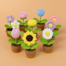 手工编织向日葵毛线花小盆栽成品郁金香玫瑰仿真花束桌面摆件礼物