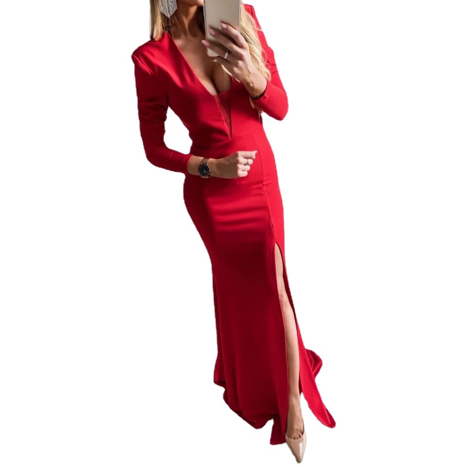 Vestido de noche ajustado con cola de pez, estilo europeo y americano, para comercio exterior, Amazon, AliExpress, Wish, nuevo, con cuello en V, manga larga, sencillo y sexy.