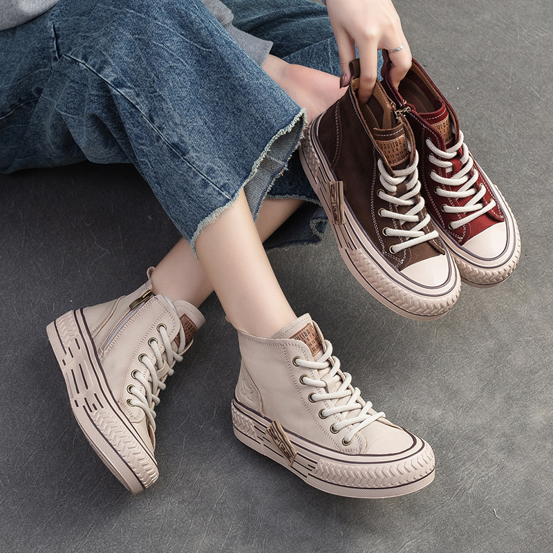 Shanghai Jie shu 2024 spring new high-top casual single-layer shoes front lace top layer cowhide lightweight comfortable fashionable women's shoes