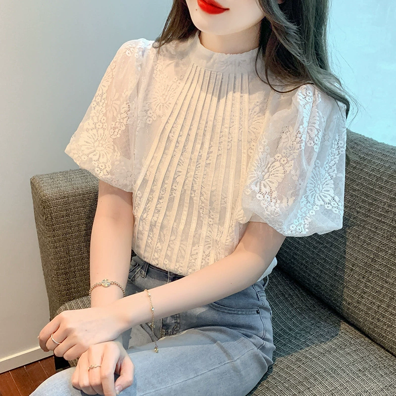 В наличии Real Shot 2023 летняя новая Универсальная рубашка в Корейском стиле с круглым вырезом и рукавом-фонариком, кружевная рубашка с коротким рукавом, женский летний топ