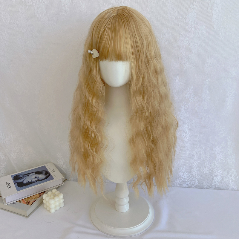 Lolita wig with long golden hair for women, Lolita style, wavy curls, air bangs, Japanese fluffy full headpiece