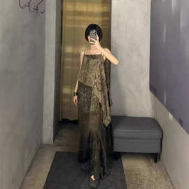 26春夏 敦煌壁画复古双层荷叶边连衣裙印花斜裁吊带连衣裙女