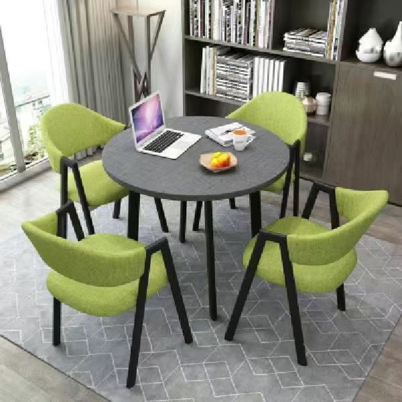 새로운 회색 원형 테이블 + 녹색 천 의자