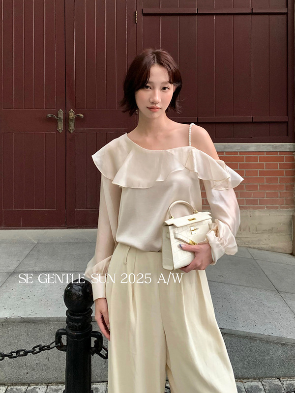 Xiuxixi 2025 秋ホワイトラベルサテン気質ボトム長袖フリルシャツトップス女性用 89529|undefined