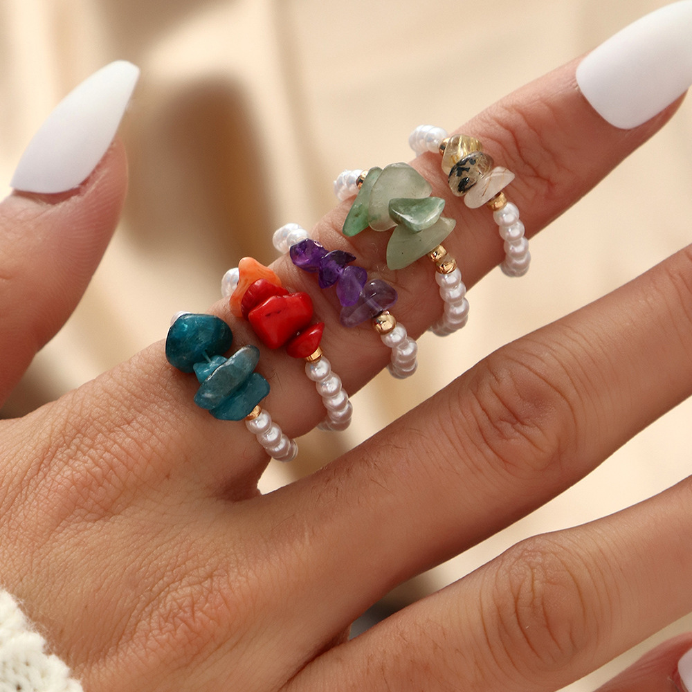 Pearl Stone Beaded Resin Ring Five-piece Rings Hand Jewelry Set display picture 4