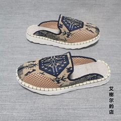 泰國亞麻透氣拖鞋男鏤空一腳蹬布鞋復古包頭拖夏季外穿休閒涼鞋潮