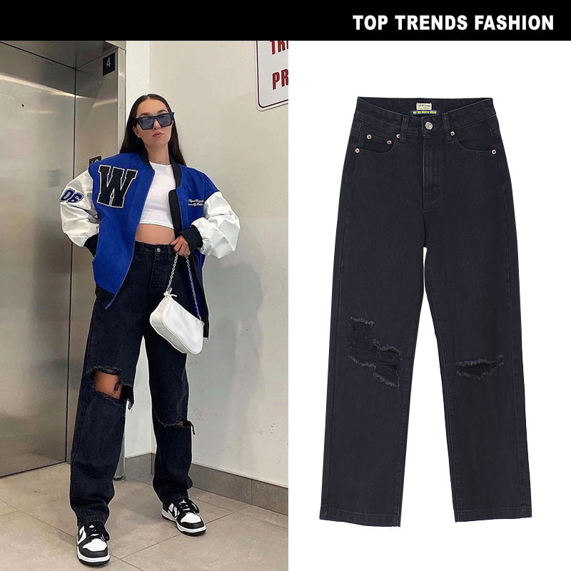 European and American Style High-Waisted Straight-Leg Cool Black Loose Denim Pants with a Draping Effect, Ripped Design, Trendy Sneakers, Floor-Length Dad Jeans European and American Style High-Waisted Straight-Leg Cool Black Loose Denim Pants with a Draping Effect, Ripped Design, Trendy Sneakers, Floor-Length Dad Jeans