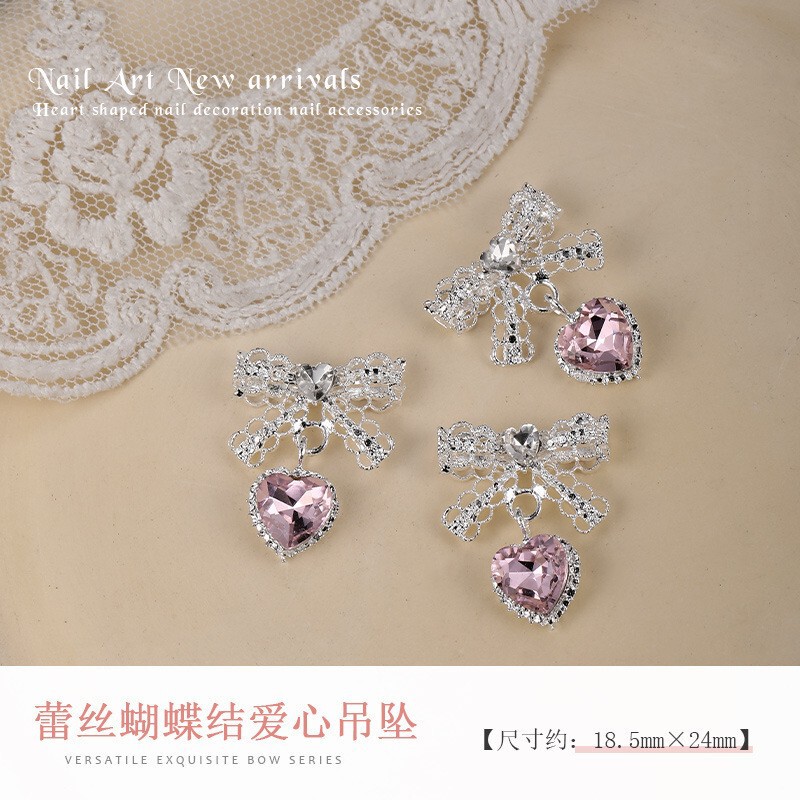 新款蕾丝蝴蝶结爱心吊坠美甲饰品立体蝴蝶结金属指甲钻美甲装饰|undefined