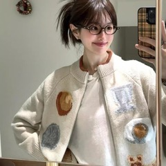 学院风针织开衫女秋冬miu系毛衣外套韩系拉链提花宽松慵懒风上衣
