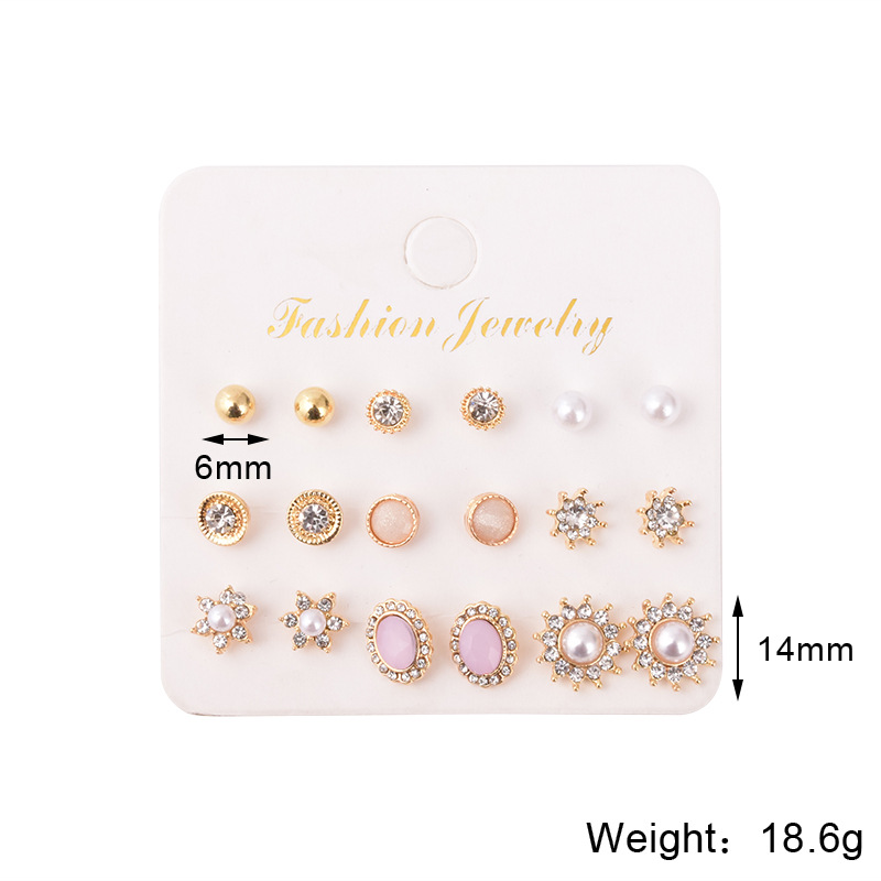 European And American Simple Alloy Pearl Diamond Geometric Round Flower Sun Combination Earrings display picture 1