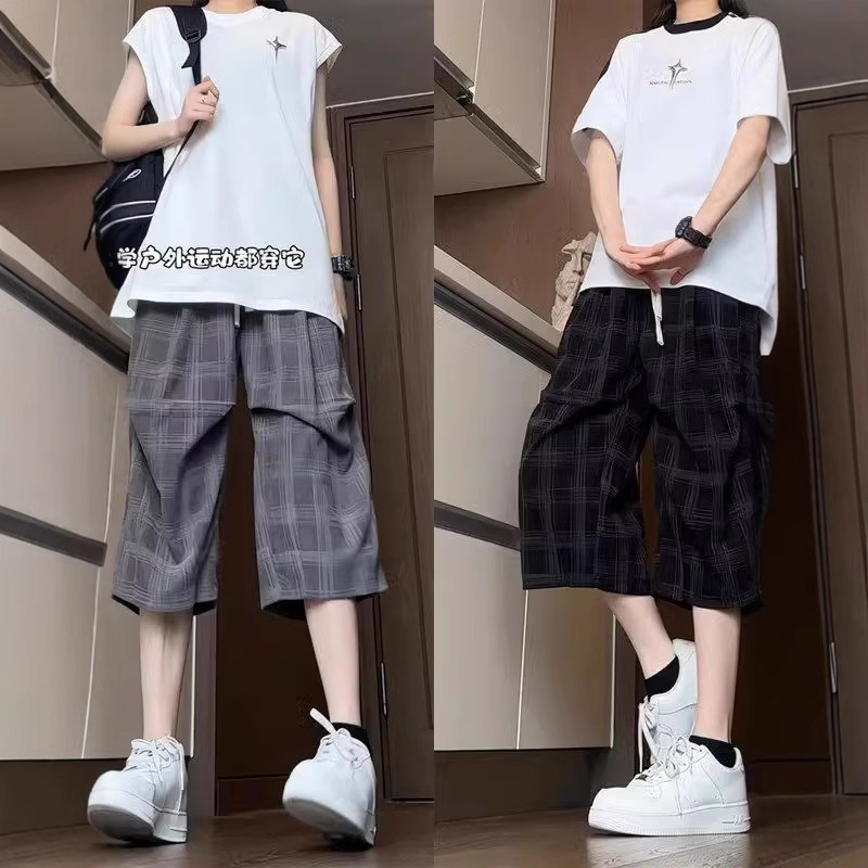 New Chinese Style Plaid Cropped Pants for Men, Summer Design, Pleated Wide-Leg Pants, Loose, Quick-Drying Sports Shorts