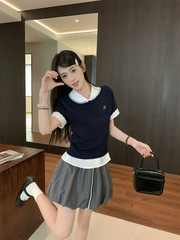 紺色ニット半袖tシャツ女性夏白いシャツ上着セットa字つぼみ半身スカート3点セット