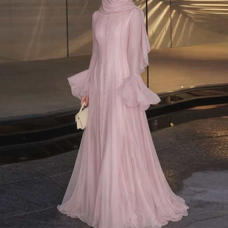 2026 New European and American Amazon Cross-Border Foreign Trade Women's Clothing Bell-Sleeved Pink Slim-Fitting French Elegant Dress 2026 New European and American Amazon Cross-Border Foreign Trade Women's Clothing Bell-Sleeved Pink Slim-Fitting French Elegant Dress