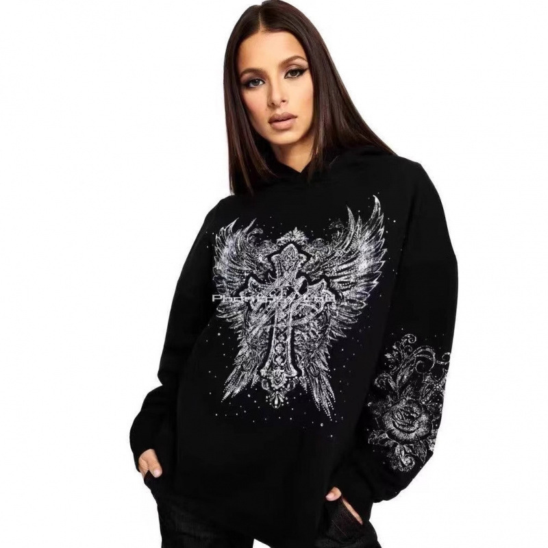 Iamgia Baroque Dark Cross Rhinestone Hooded Sweatshirt Butterfly-Shaped Diamond Wings Long-Sleeved Top Trendy