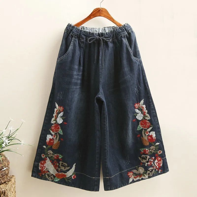 Summer 2024 Vintage Ethnic Style Heavy Industry Embroidered Commuter Loose Large Size High Waist Cropped Denim Wide Leg Culottes for Women