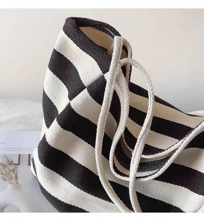 Contrast Stripe Canvas Tote Bag, Large Capacity Shoulder Bag_voghion.com