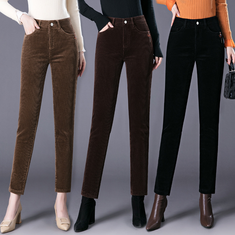 灯芯绒直筒裤女2024冬季新款加绒加厚条绒裤高腰弹力中年妈妈女裤