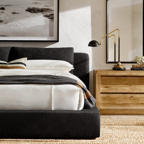 Italian Minimalist Guesthouse Fabric Bed, Nordic Modern, Washable, Solid Wood Double Bed, American Style RH Master Bedroom Low-Back Bed