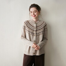 秋冬高级感羊绒针织开衫女圆领提花费尔岛图案厚毛衣外套系扣上衣