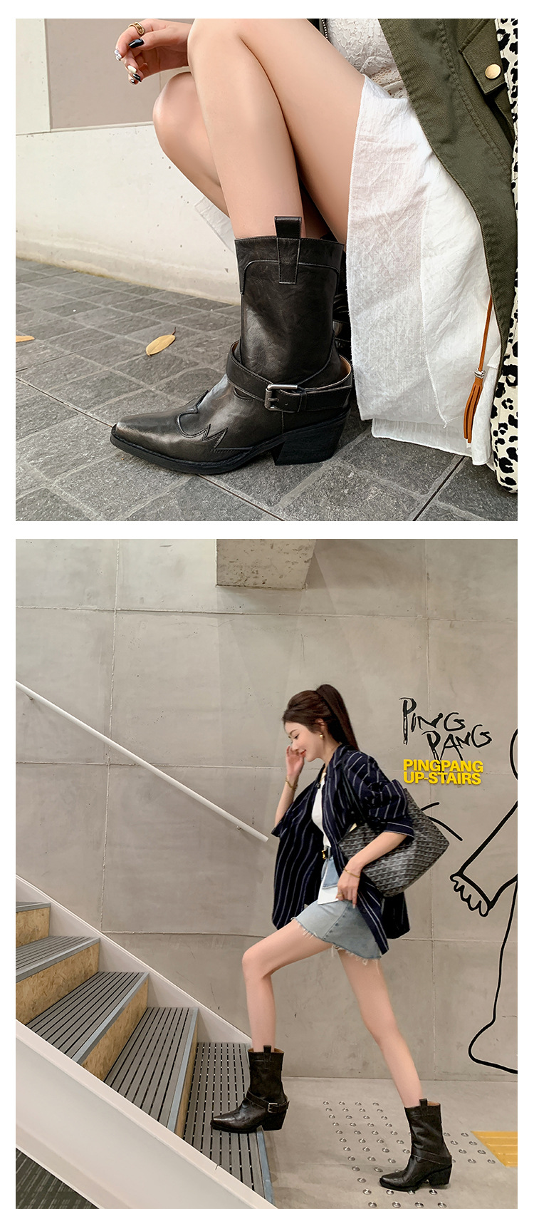 Boot nữ cao gót mũi nhọn chữ V kiểu cowboy gót thô khóa thắt lưng — Màu nâu [lót nhung] chi tiết 16