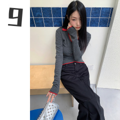 [9hour] 個性的な配色Vネックストライプトップス レディース 2024秋 多彩なコーディネート 長袖Tシャツ レディース m11129 トレンドブランド