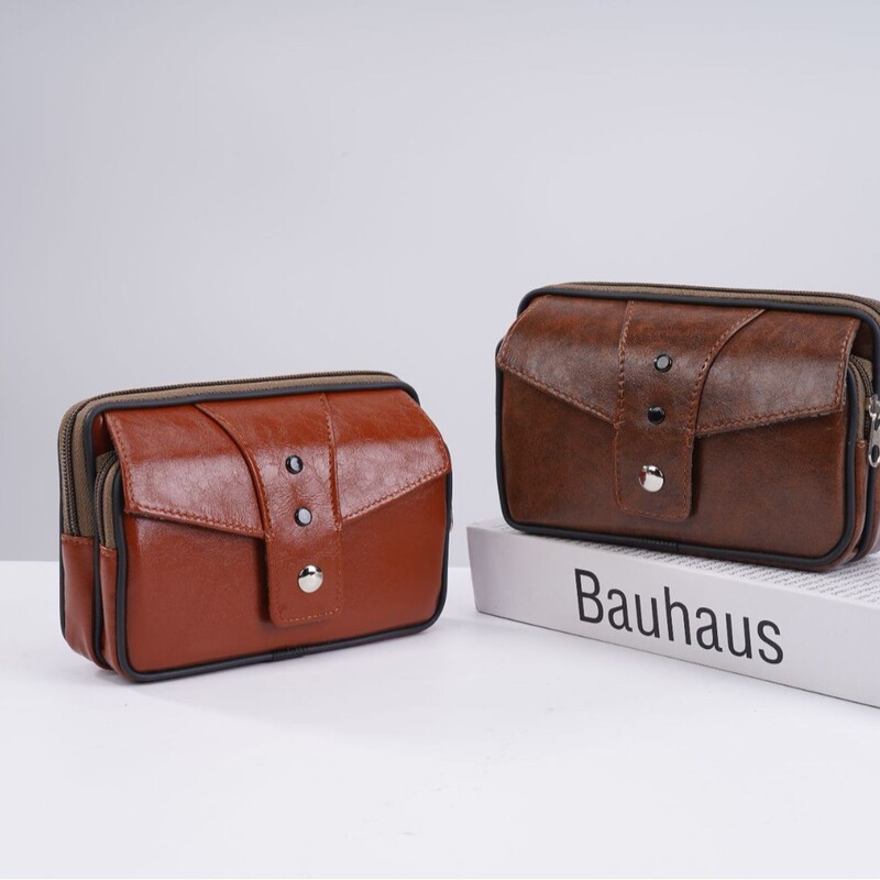 Retro Oil-Waxed Leather Men's Mobile Phone Waist Bag, Horizontal Style with Snap Button, Daily Casual Men's Storage Waist Bag