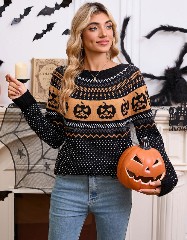 ヨーロッパとアメリカの秋と冬の女性用セーター Amazon クロスボーダー ハロウィン カボチャ刺繍レトロ水玉模様の女性用長袖セーター|undefined