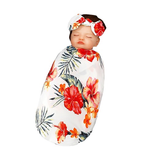 茵秀丽新生儿印花包巾胎帽发带三件套宝宝印花包巾婴儿襁褓巾套装