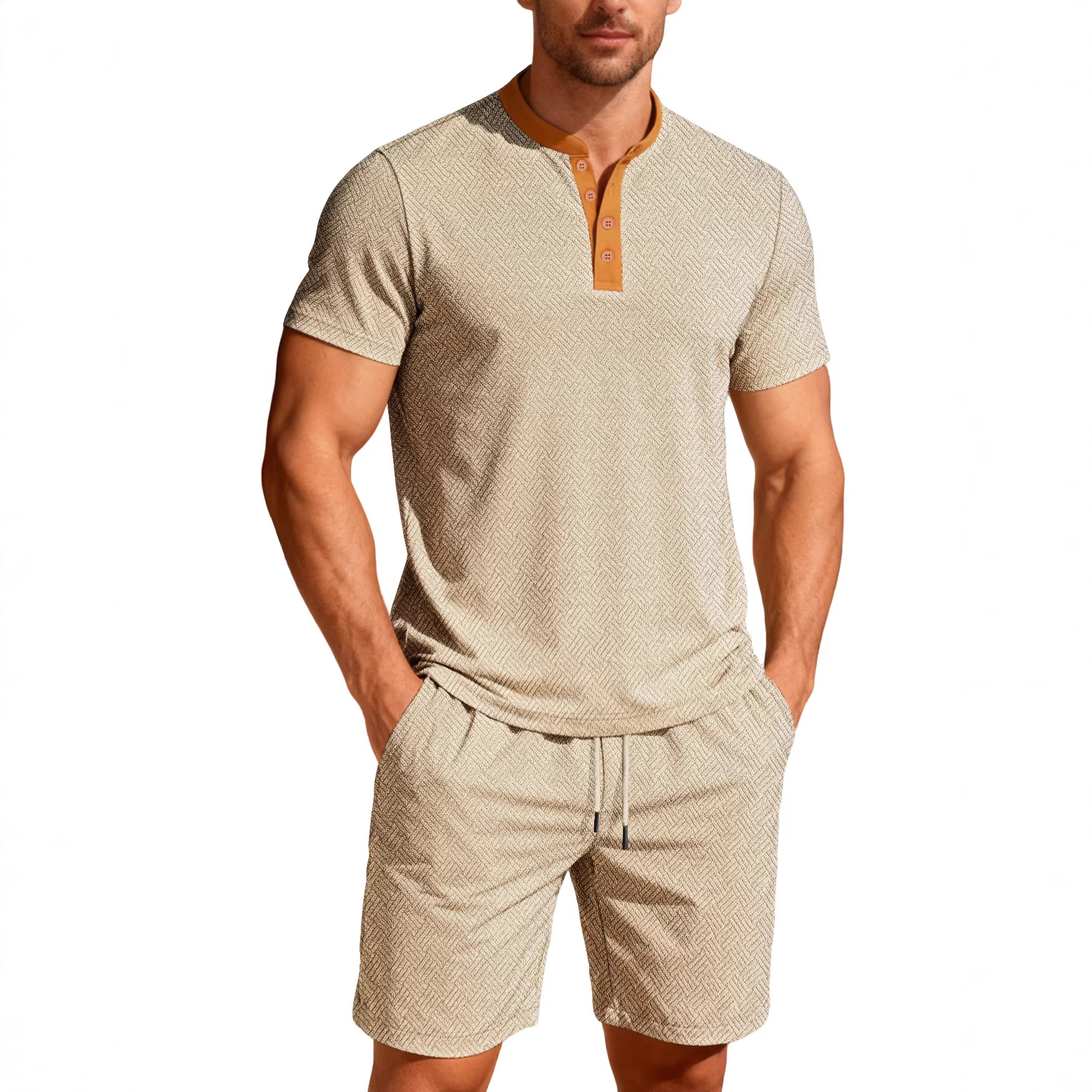 Nuevo comercio exterior transfronterizo de Europa y América verano hombre casual color redondo botón de cuello corto manga corta moda pantalones cortos hombre conjunto