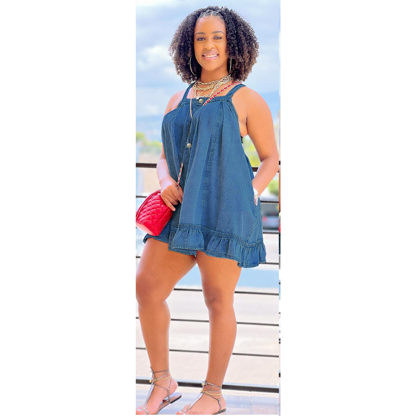 women's clothing Solid color suspenders button pocket loose washed denim dress_mkmklike.com