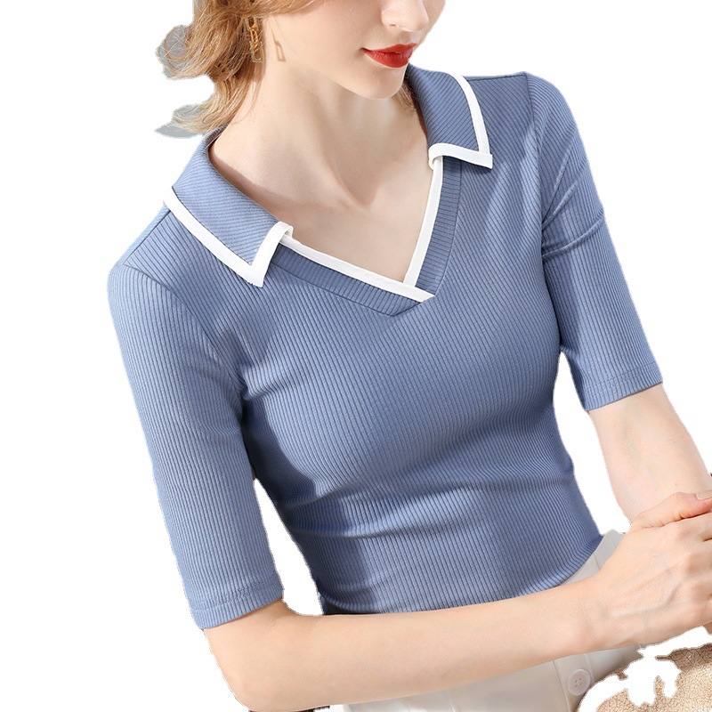 Camiseta de manga media para mujer 2023 nuevo cuello de polo elegante para mujer camiseta de media manga modal contraste de color cintura ajustada image 5