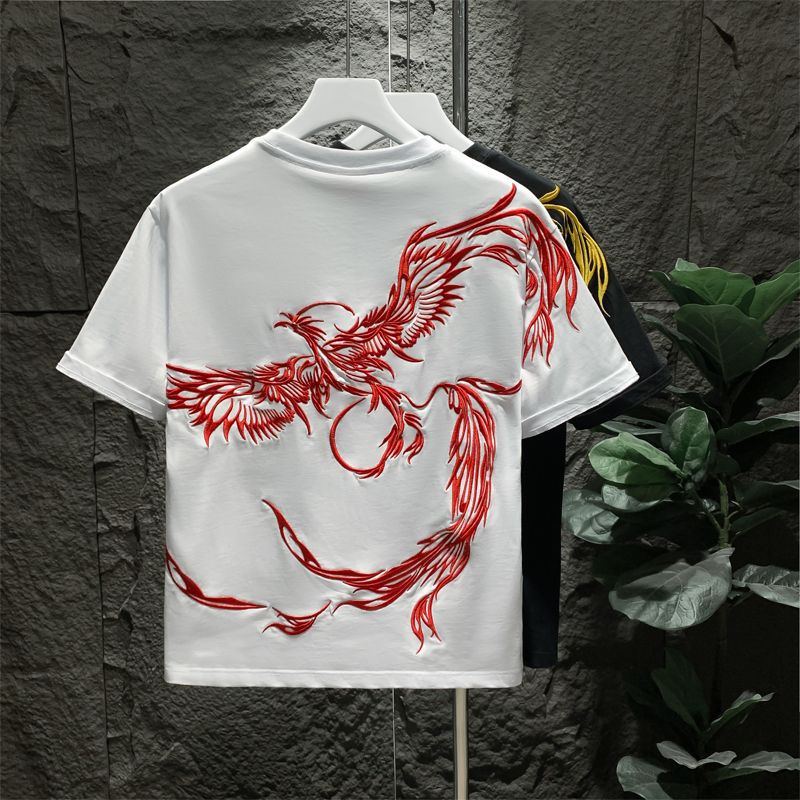 Men's Clothing Men's Phoenix Embroidered T-Shirt Heavy Duty Short Sleeve Round Neck National Trend Light Luxury Top Style Trendy Youth_viptrois.com