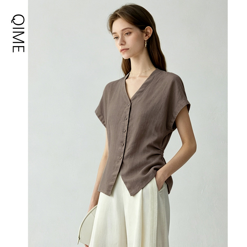 French-Style Linen Shirt for Women, New Summer Model, Slim-Fit, Elegant Blouse, Short-Sleeve Top, High-End Old Money Style