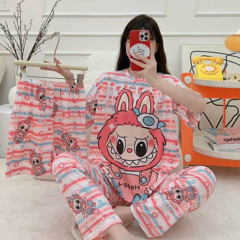 Pijamas de verano transfronterizos pijamas de leche de seda de tres piezas set de dibujos animados comercio exterior ropa para el hogar pantalones de mangas cortas lindos