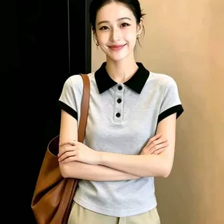 实拍40支1*1纯棉210g92棉/8氨纶韩系polo领撞色短袖T恤女上衣批发
