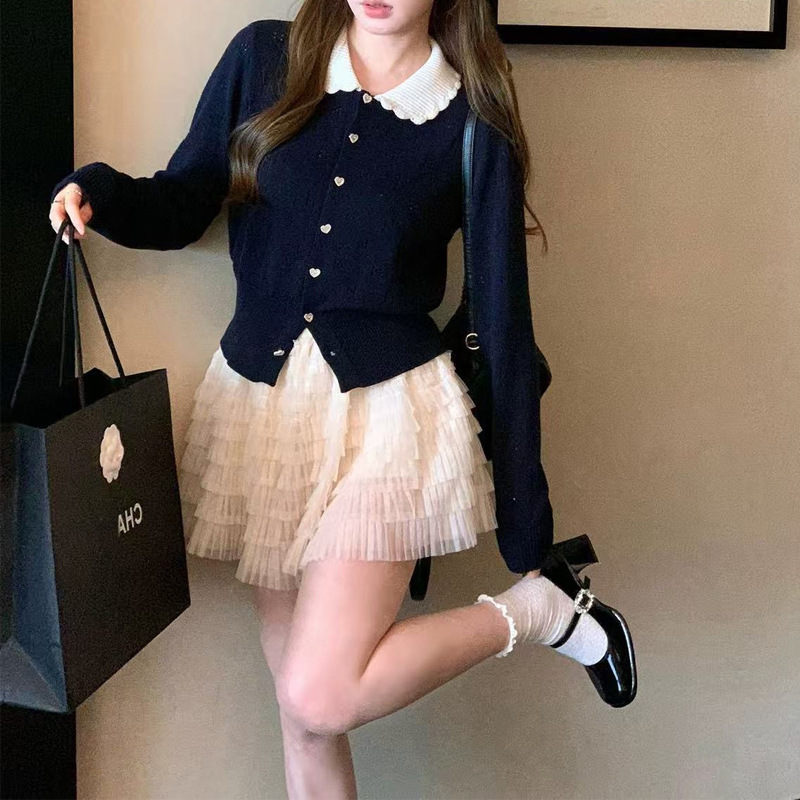 两件套m1u系千金撞色减龄娃娃领针织开衫女秋设计感半身短裙套装|undefined