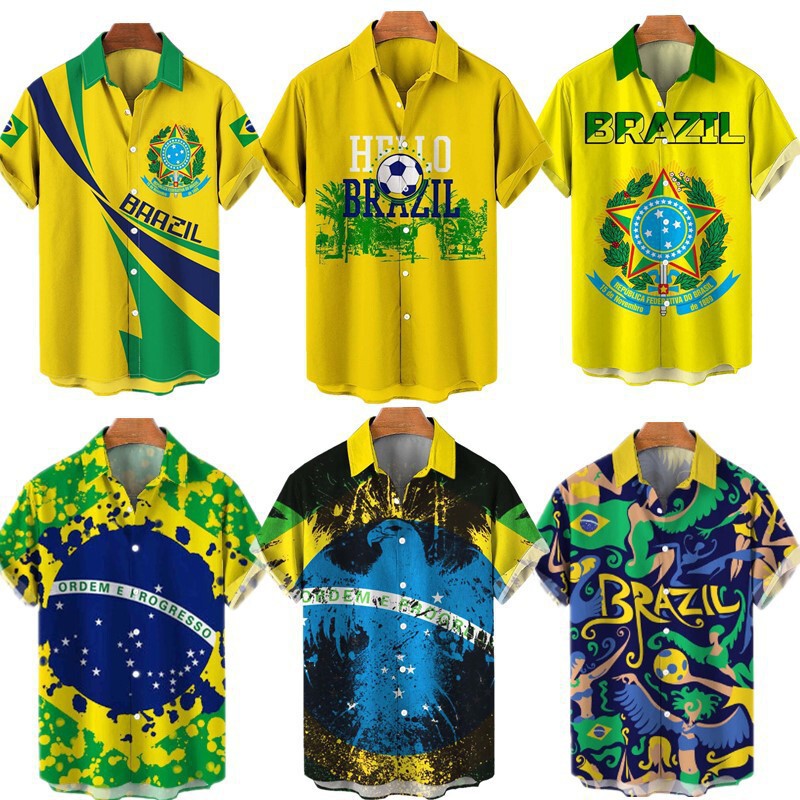 Cross-Border Summer European Size World Cup Brazil Team Carnival 3D Digital Print Short-Sleeve Shirt, Factory Source Direct Delivery Cross-Border Summer European Size World Cup Brazil Team Carnival 3D Digital Print Short-Sleeve Shirt, Factory Source Direct Delivery