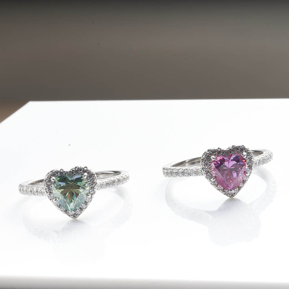 Anillo rosa azul verde de moissanita, anillo de moissanita de plata en forma de 1 quilate de forma de corazón