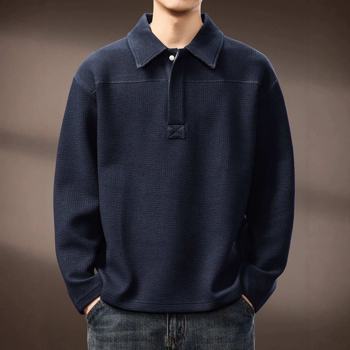 High-End American Retro Pleated Men's Polo Collar Sweatshirt 320g Jacquard Texture Layered Casual Long-Sleeved T-Shirt