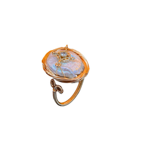 Real gold electroplated zircon baroque pearl open ring fashionable and elegant retro index finger ring niche light luxury hand jewelry