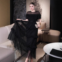 晚宴派对必备 黑色网纱波点  连衣裙 短袖圆领 多层荷叶边蛋糕裙