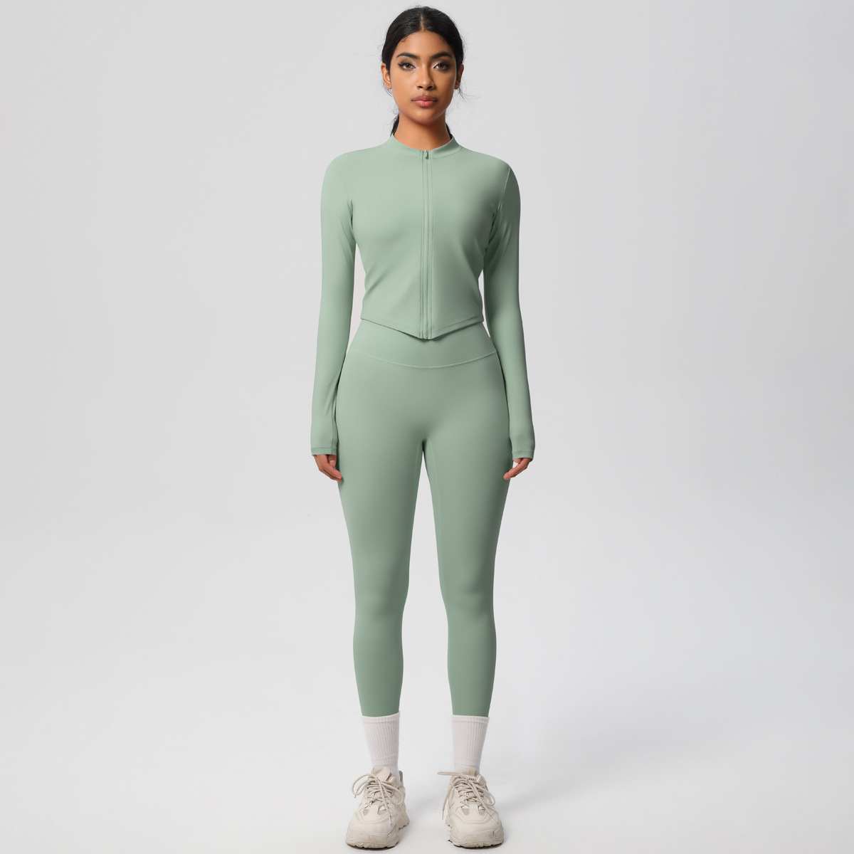 国境を越えた欧米の新型毛磨き裸感修身運動ファスナー長袖高腰ズボンセットフィットネスヨガセット