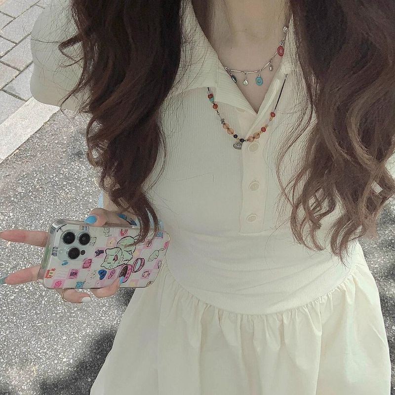 法式休闲慵懒拼接连衣裙女夏季气质短袖polo领长裙子松弛感大摆裙|undefined