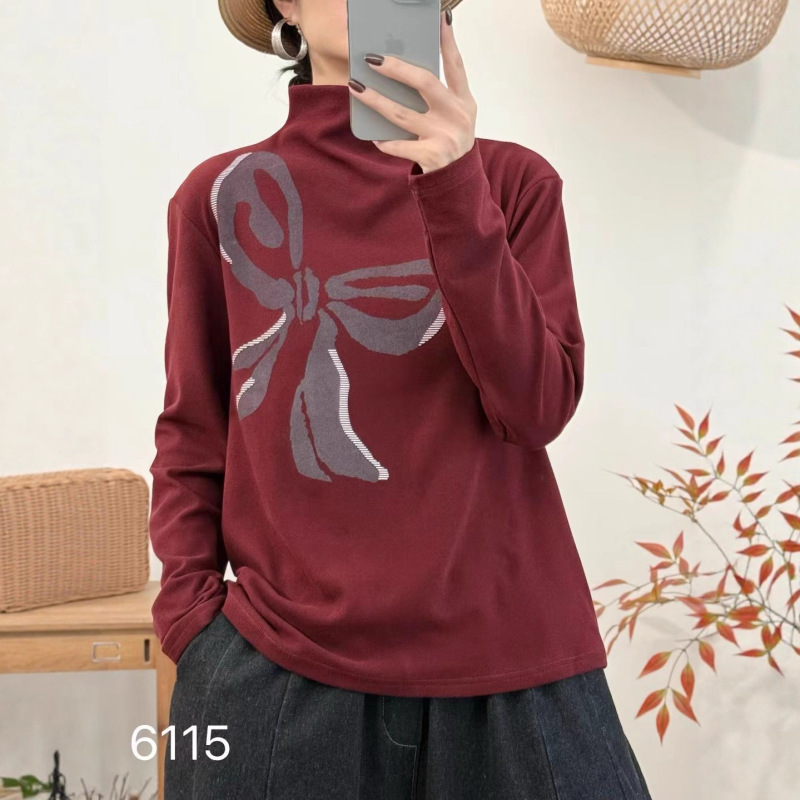 洋气百搭蝴蝶结印花2025秋季新款时尚半高领打底衫上衣女|undefined
