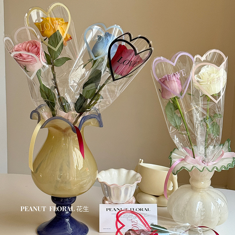 海洋之心花束包装袋批发520透明防水鲜花袋情人节单支花束包装袋