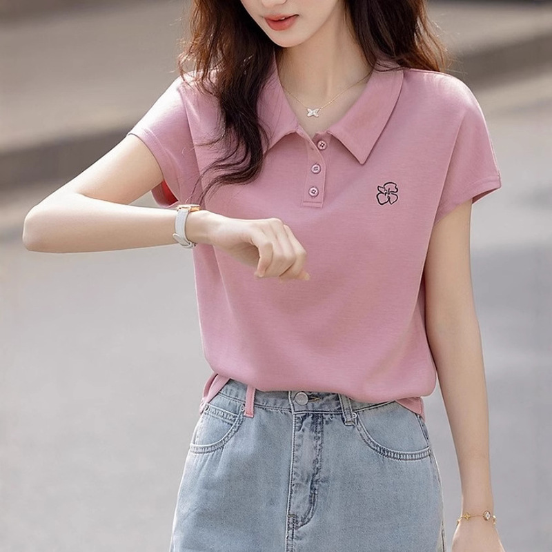 2026 Summer Smart Style Small Flutter Sleeve Polo Collar Base Shirt Korean Fashion Elegant Floral Embroidery Women's T-Shirt Trend