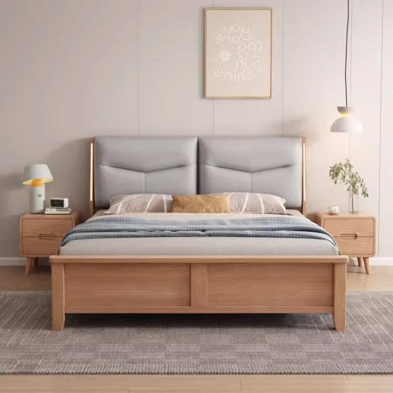 夜燈帶軟靠白蠟木實木床現代簡約1.8米雙人床1.5米北歐臥室儲物床