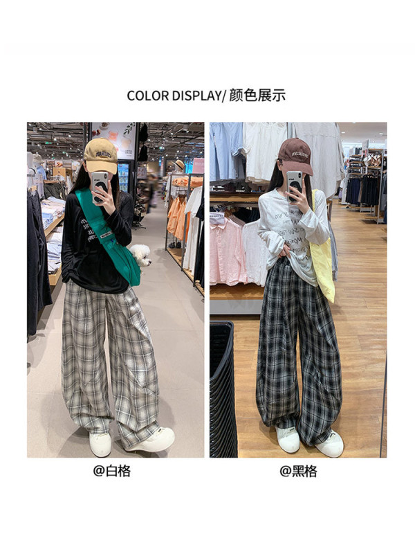 黑色拼接格子弯刀裤女春秋夏2025新款小众高腰宽松显瘦休闲阔腿裤|undefined