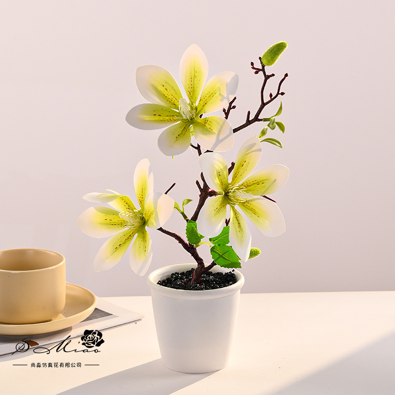 Bonsai de magnolia con sensación de tres cabezas, flores creativas de simulación, decoración de estudio fotográfico para el hogar, plantas verdes artificiales, plantas en macetas de simulación image 4